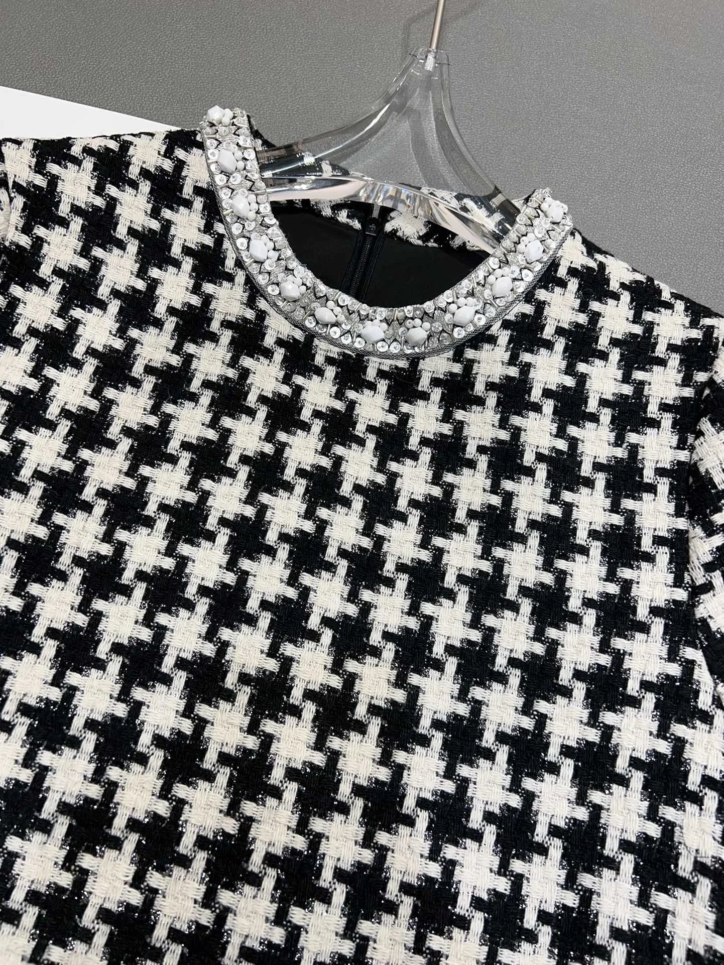 Femmedouceur - Robe Vintage Femme Été 2025, Pied-de-Poule Jaune avec Perles et Col Rond