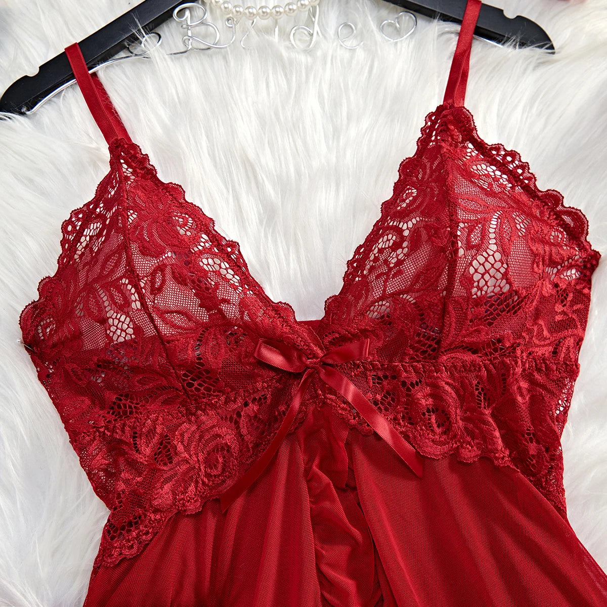 Transparent rouge – Lingerie sexy femme, nuisette dentelle + culotte, ensemble de nuit mini, vêtements transparents confortables