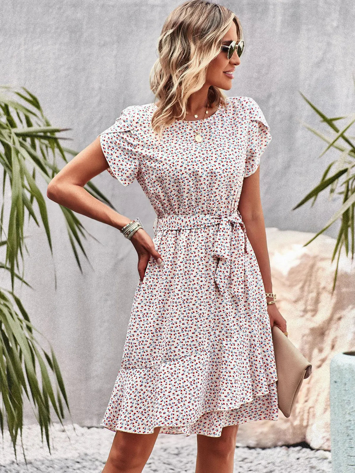 Robe florale plissée taille haute femme – Col rond, bretelles, coupe décontractée été, longueur genou