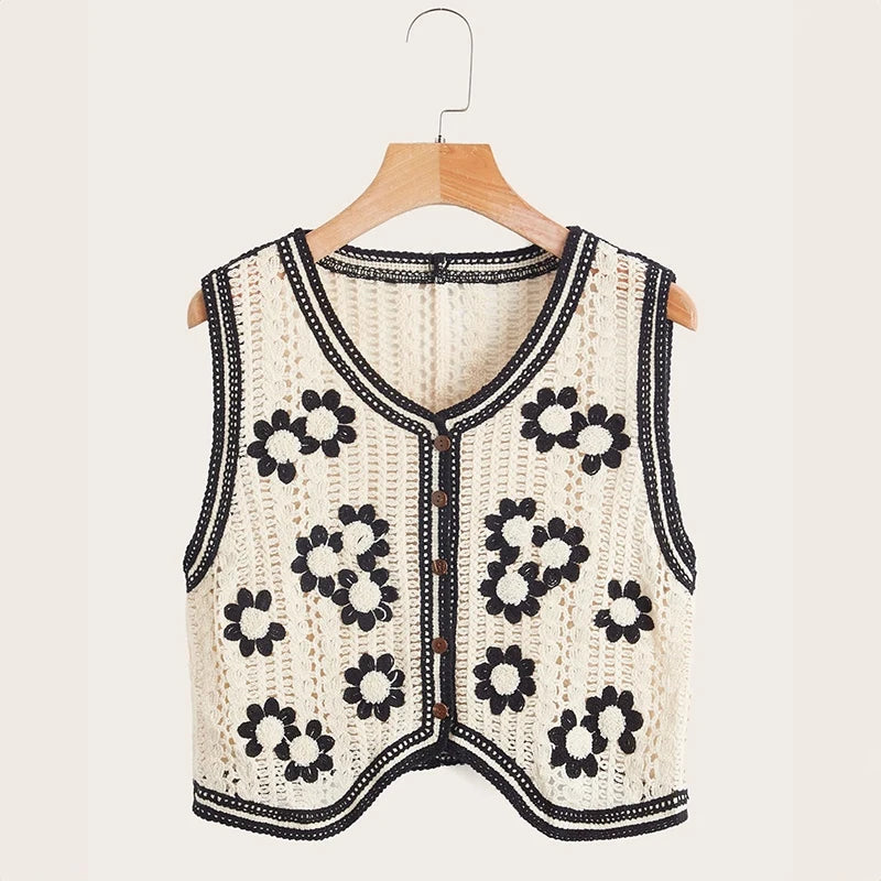 Gilet Crocheté Bohème Femme - Top Transparent Sans Manches à Boutons | Style Été Vacances