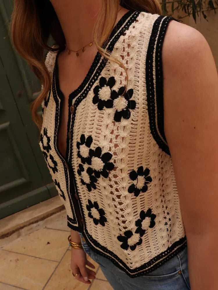 Gilet Crocheté Bohème Femme - Top Transparent Sans Manches à Boutons | Style Été Vacances