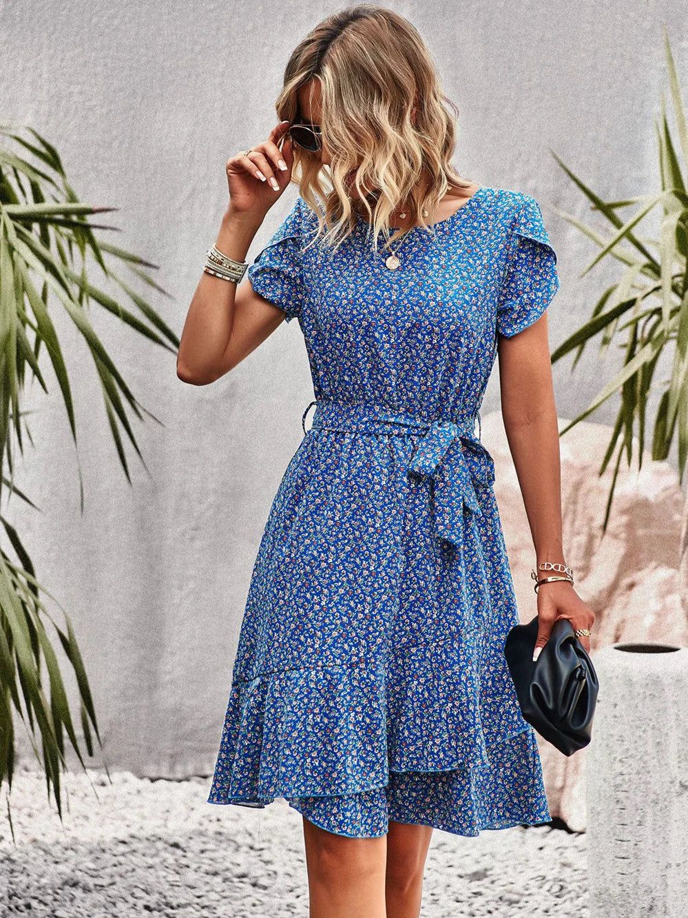 Robe florale plissée taille haute femme – Col rond, bretelles, coupe décontractée été, longueur genou