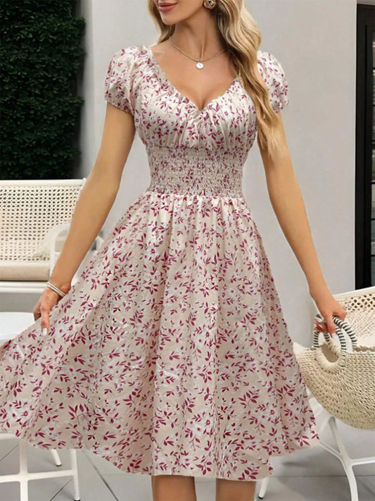 Robe florale bohème femme 2025 – Style français, manches à volants, taille croisée, col V, printemps/été, plage Cottagecore