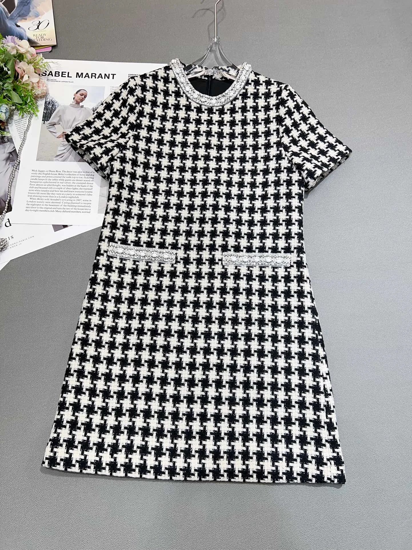Femmedouceur - Robe Vintage Femme Été 2025, Pied-de-Poule Jaune avec Perles et Col Rond