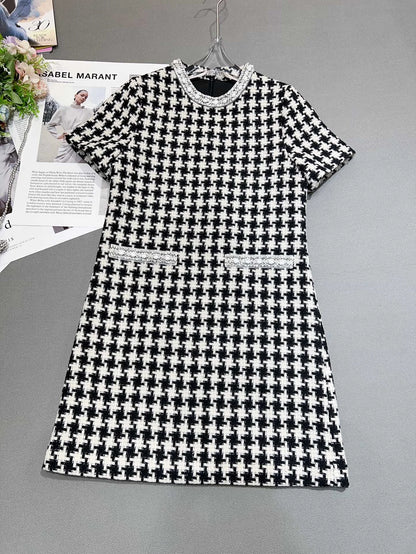 Femmedouceur - Robe Vintage Femme Été 2025, Pied-de-Poule Jaune avec Perles et Col Rond