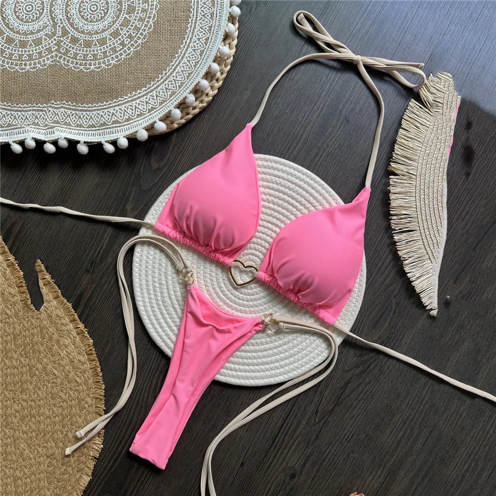 Femmedouceur – Bikini Rouge Sexy 2 Pièces Femme | Triangle Licou à Lacets & Cœur Métal 2025