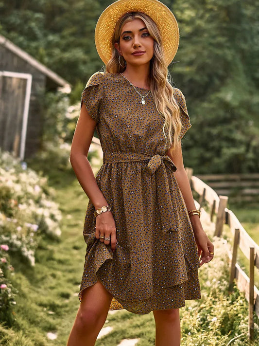 Robe florale plissée taille haute femme – Col rond, bretelles, coupe décontractée été, longueur genou