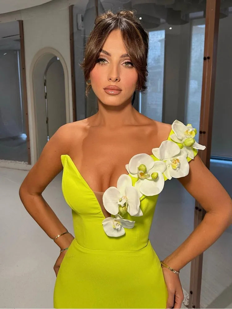 Femmedouceur – Sexy Green Floral Long Dress for Women | Elegant Bandage Maxi Dress for Evening &amp; Club