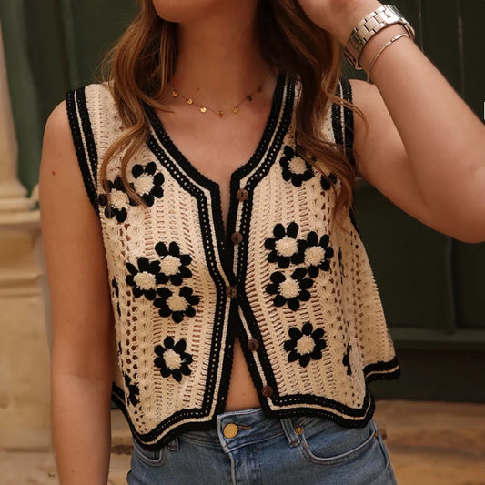 Gilet Crocheté Bohème Femme - Top Transparent Sans Manches à Boutons | Style Été Vacances