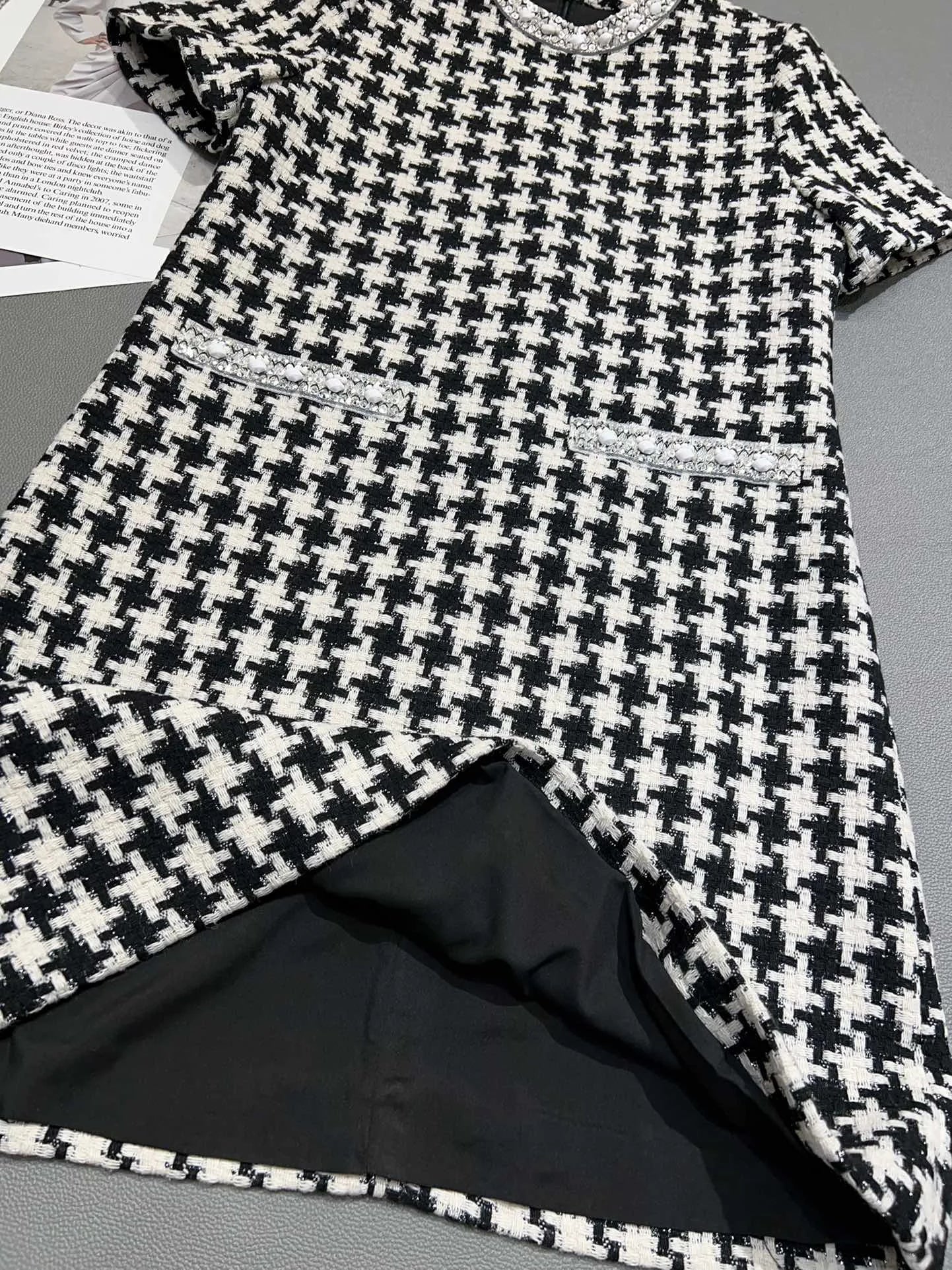 Femmedouceur - Robe Vintage Femme Été 2025, Pied-de-Poule Jaune avec Perles et Col Rond