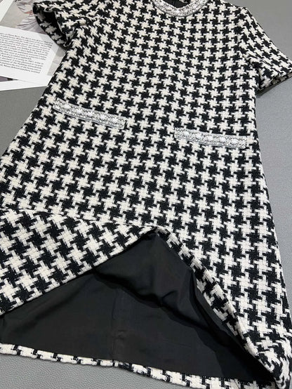 Femmedouceur - Robe Vintage Femme Été 2025, Pied-de-Poule Jaune avec Perles et Col Rond
