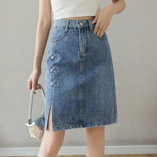 Jupe en jean mi-longue femme – Chic trapèze avec poches, taille empire, style modeste Kawaii, coton