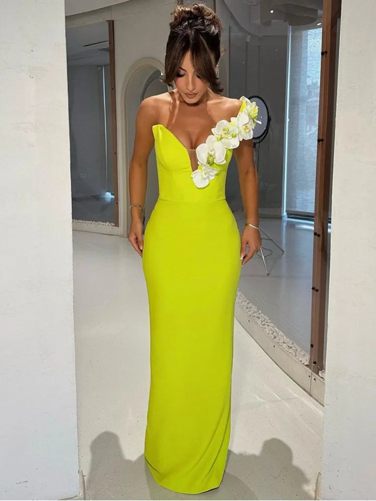 Femmedouceur – Sexy Green Floral Long Dress for Women | Elegant Bandage Maxi Dress for Evening &amp; Club