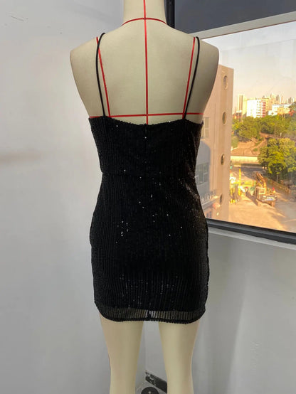 Femmedouceur – Robe de Soirée Courte à Paillettes Femme | Robe Sexy Col V Bretelles Ajustées