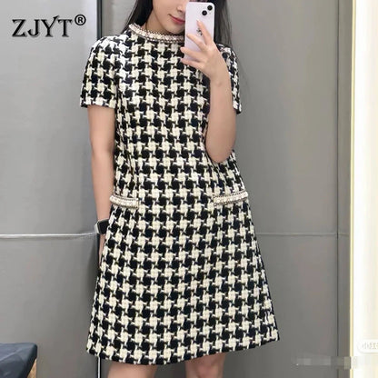Femmedouceur - Robe Vintage Femme Été 2025, Pied-de-Poule Jaune avec Perles et Col Rond