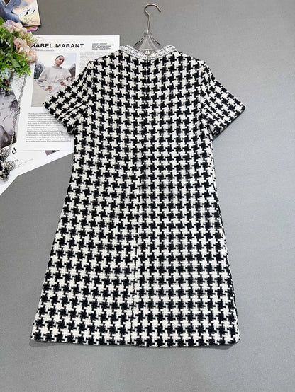 Femmedouceur - Robe Vintage Femme Été 2025, Pied-de-Poule Jaune avec Perles et Col Rond