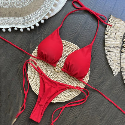 Femmedouceur – Bikini Rouge Sexy 2 Pièces Femme | Triangle Licou à Lacets & Cœur Métal 2025