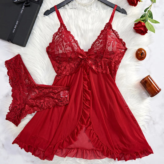 Transparent rouge – Lingerie sexy femme, nuisette dentelle + culotte, ensemble de nuit mini, vêtements transparents confortables