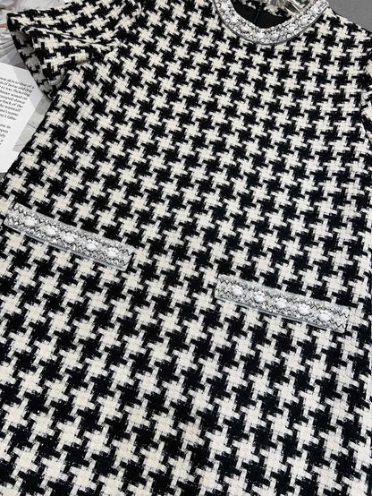 Femmedouceur - Robe Vintage Femme Été 2025, Pied-de-Poule Jaune avec Perles et Col Rond