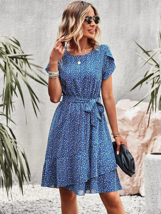 Robe florale plissée taille haute femme – Col rond, bretelles, coupe décontractée été, longueur genou
