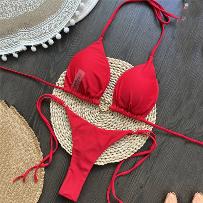 Femmedouceur – Bikini Rouge Sexy 2 Pièces Femme | Triangle Licou à Lacets & Cœur Métal 2025
