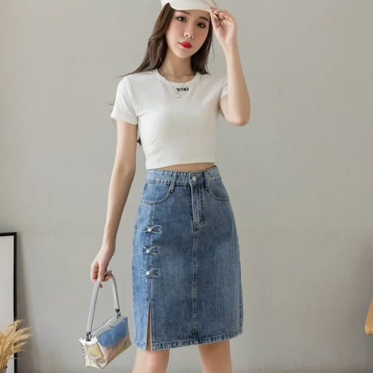 Jupe en jean mi-longue femme – Chic trapèze avec poches, taille empire, style modeste Kawaii, coton