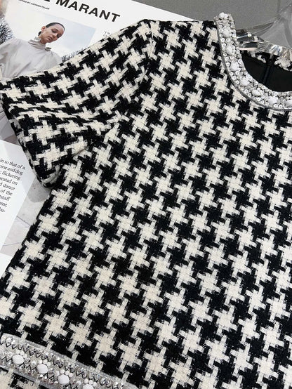 Femmedouceur - Robe Vintage Femme Été 2025, Pied-de-Poule Jaune avec Perles et Col Rond