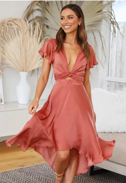 Femmedouceur - Women's Summer Dress with Low-Cut &amp; Asymmetrical Design - Flowing &amp; Feminine Elegance